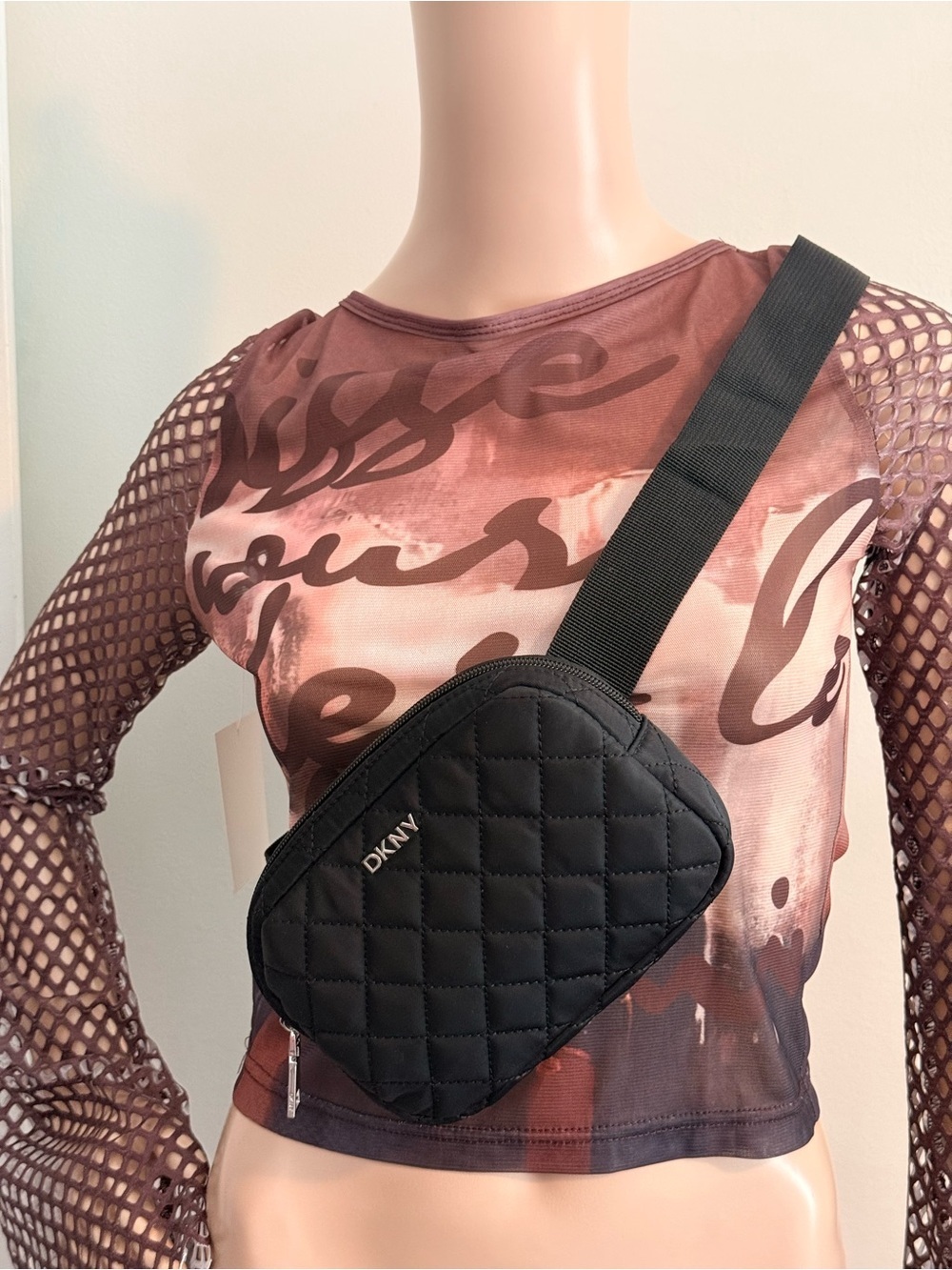 DKNY Black Quilted Belt Bag with Silver Hardware